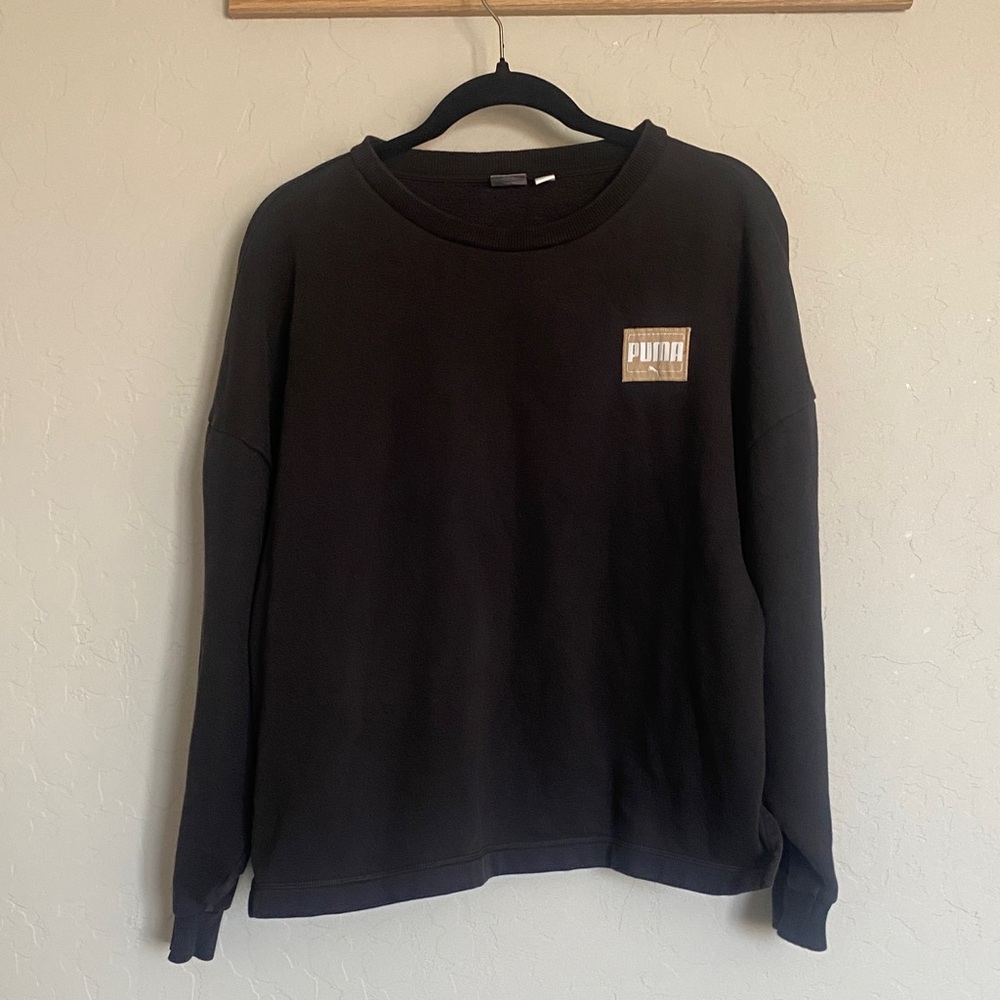 PUMA Women’s Pullover Sweatshirt Black Fleece Logo Crew Neck Long Sleeve Size XL